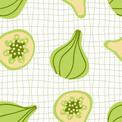 Geometric seamless pattern with green figs on grid distorted background. Groovy print for fabric, paper, textile. Hand drawn vector illustration.