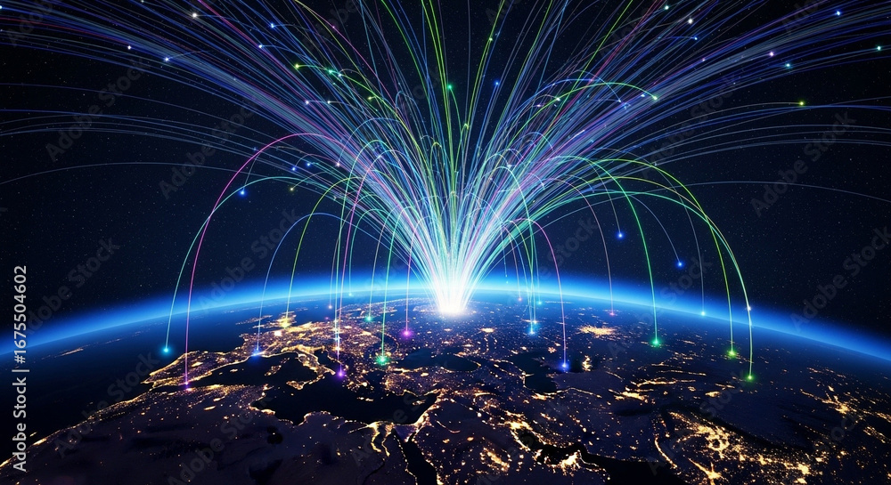Poster earth globe with glowing network connections representing global communication and technology flow