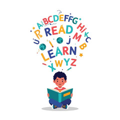 A young boy sits cross-legged reading a book, with colorful letters and words like "READ" and "LEARN" floating above his head, symbolizing education and knowledge.