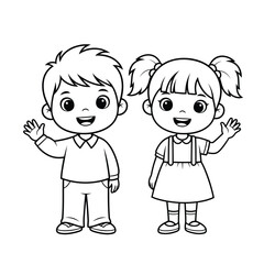 Vector illustration of cartoon boy and girl waving