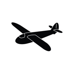 Simple silhouette of a vintage propeller airplane flying against a white background with textured detail