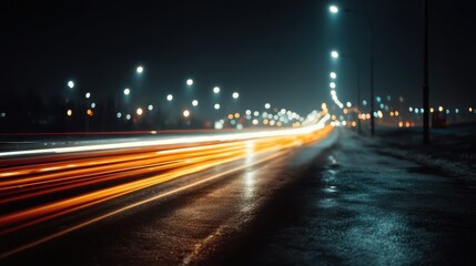Obraz premium A nighttime scene featuring blurred light trails from moving vehicles along a wet road, illuminated by streetlights and creating a vibrant atmosphere.