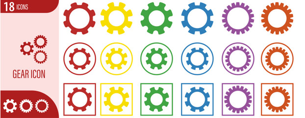 Colorful gear icons set with cogwheel symbols, settings, tools, machinery, technology, engineering, mechanical parts, outline design, vector illustration