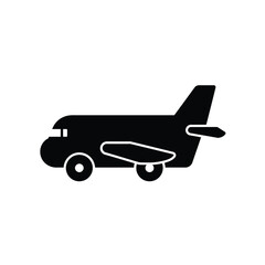 Simple black silhouette of a toy wind up airplane with wheels on a white background
