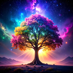 Colorful tree in nebula sky