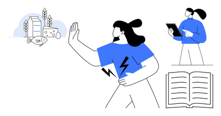 Woman clutching stomach near food items thumbs up fish, milk, wheat, cheese another using tablet, open book. Ideal for health, diet, education, awareness nutrition intolerance simple landing page