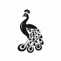 Elegant majestic peacock with patterned tail feathers in simple black silhouette