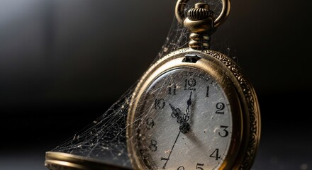 Golden Pocket Watch Veiled in Cobwebs, a Relic of Forgotten Time.