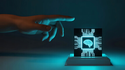 Human hand reaching towards a glowing laptop screen displaying a digital brain and circuit board