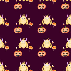 Colorful Halloween-themed pattern featuring cartoon monsters, pumpkins, and candy on a dark background