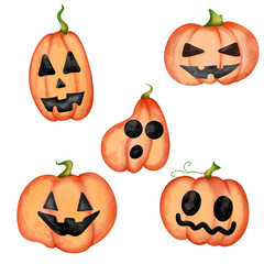 Halloween pumpkins with various playful and spooky faces for seasonal decoration and celebration