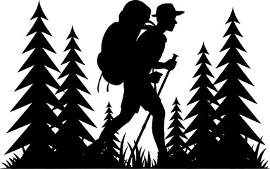 Silhouette of a Hiker Walking Among Tall Pine Trees