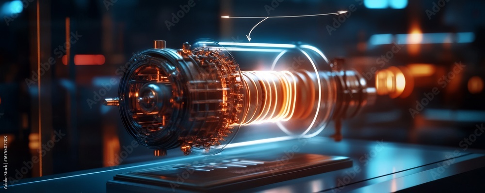 Poster glowing core futuristic tech engine with data interface, machine, innovation