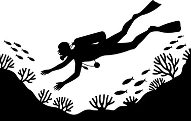 Fototapeta premium Scuba Diver Swimming Underwater with Coral Reef and Fish