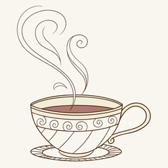 Vector art of vintage teacup with steaming hot beverage illustration, perfect for cafe menus and cozy designs with a touch of elegance