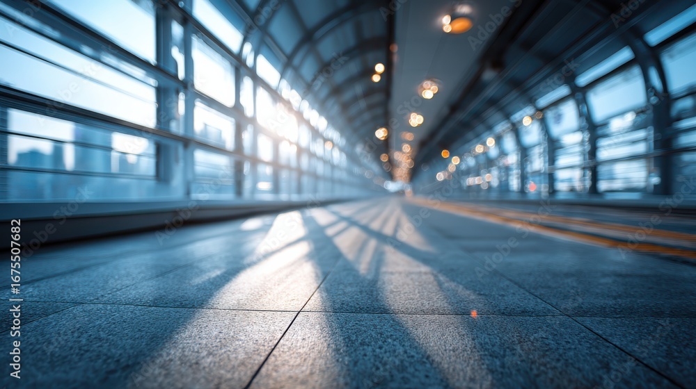 Poster a modern walkway illuminated by sunlight, featuring sleek architecture and long shadows, creating a 