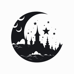 Magical night scene on moon with castles and stars silhouette