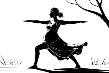 Pregnant Woman Practicing Yoga in Warrior Pose Silhouette