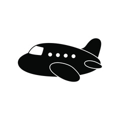 Simple black silhouette of a passenger airplane flying against a white background