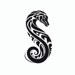 Elegant tribal seahorse drawing, striking monochrome marine creature design silhouette