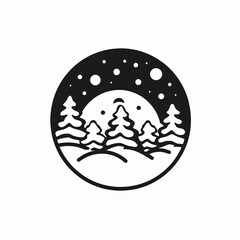 Peaceful winter wonderland scene, snow-covered trees, and moon, minimalistic silhouette
