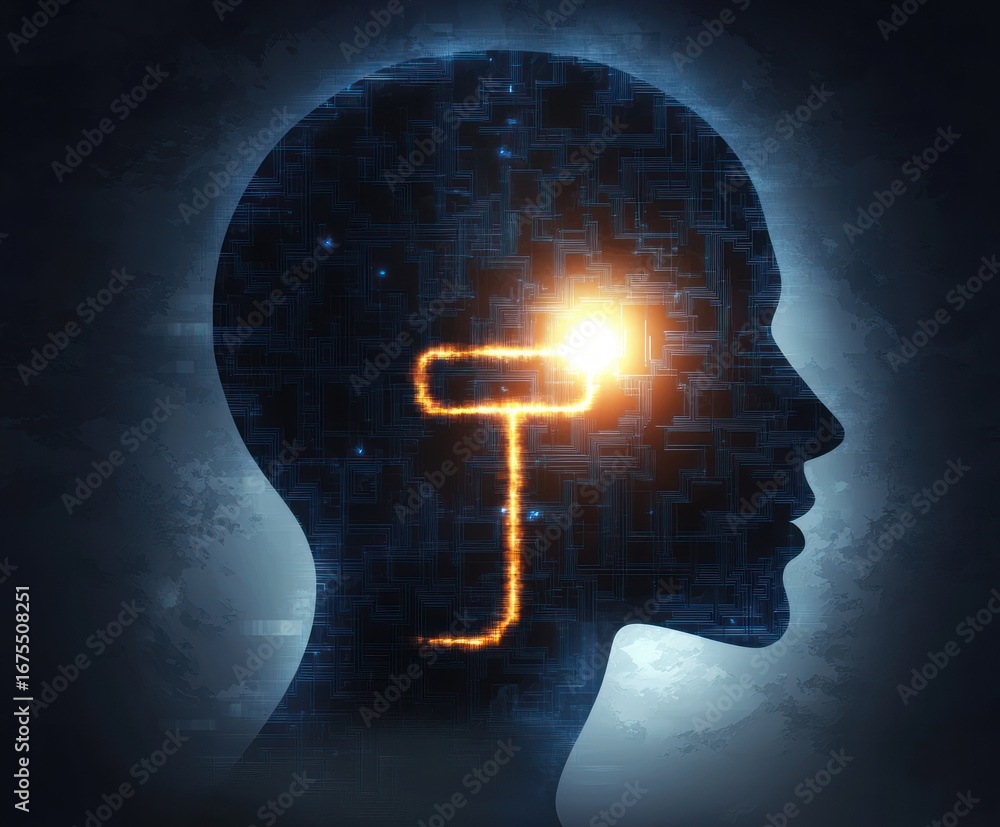 Aufkleber silhouette of a human head with a glowing key and bright light inside representing unlocking knowled