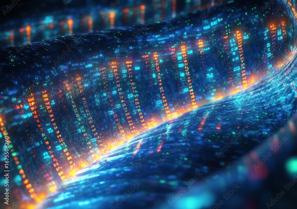 Poster glowing digital data streams flowing in vibrant blue and orange colors creating a dynamic, futuristi