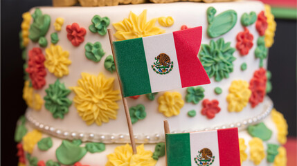 Fototapeta premium cluse upPatriotic mexico flag singe cake with maxco flag for independence day celebration dessert