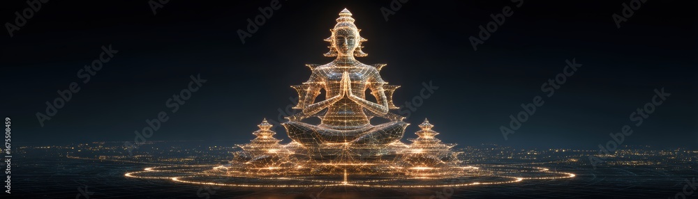 Poster a drone swarm forms the intricate shape of goddess lakshmi, showcasing technology's fusion with cult