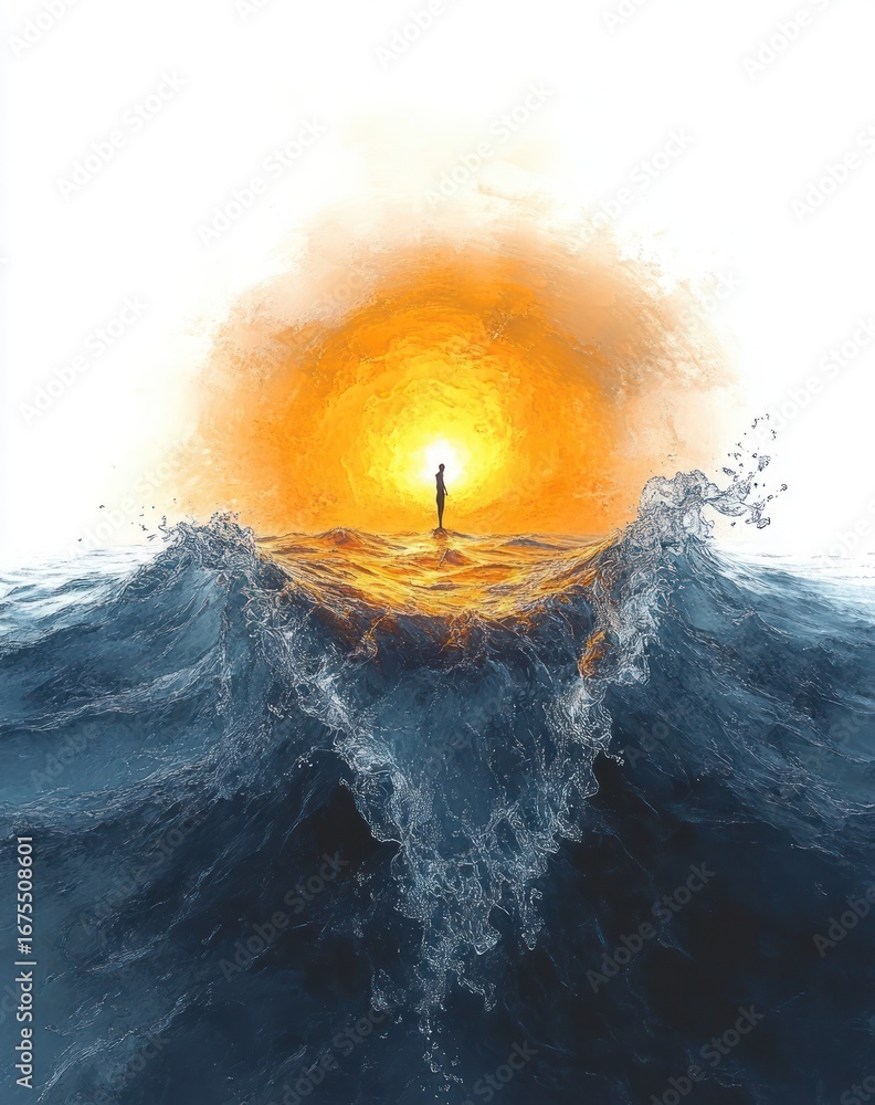 Poster silhouette of a person standing on a golden wave with water splitting around them against a large gl