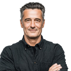 Obraz premium Confident and Smiling Mature Man with Grey Hair Arms Crossed isolated transparent png background