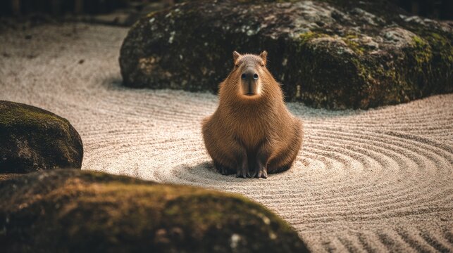 In a zen garden in Japan a capybara appears to meditate