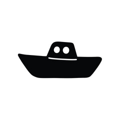 Simple black silhouette of a cartoonish boat with two round windows on a white background
