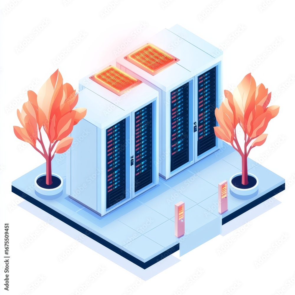 Poster isometric data center with servers and trees, cloud computing, hosting