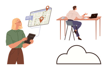 Woman checks location on a digital map with markers. Man at a desk works on a laptop. Cloud icon symbolizes cloud storage or connectivity. Ideal for technology, remote work, navigation