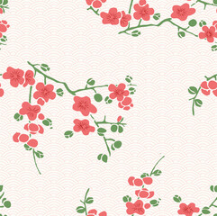 Spring blossom delight Coral flowers and verdant leaves dance on a gentle wave pattern a peaceful