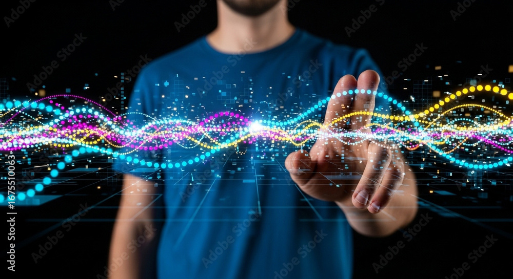 Poster man touching colorful data stream with blue shirt on black background in digital interface