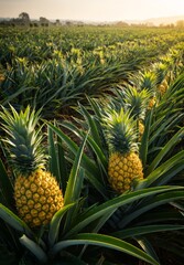 Pineapples Growing in a Sunny Tropical Field During Sunset