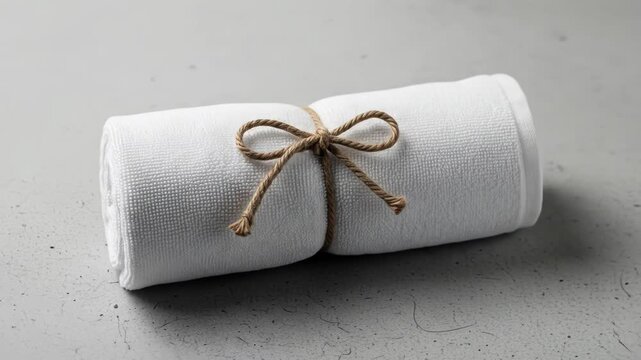 Rolled white towel tied with brown string, centered on grey
