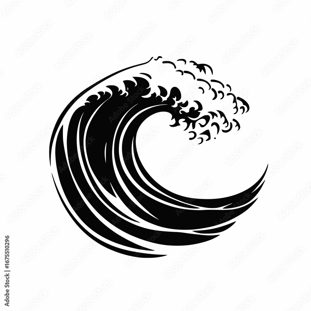 Poster dynamic black ocean wave with curling crest in vector format silhouette