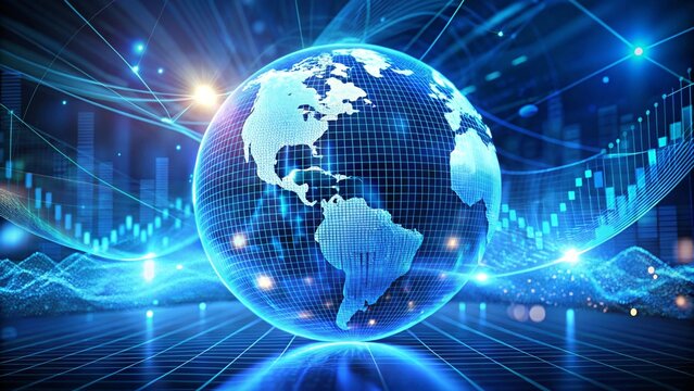 A glowing blue digital globe with intricate connections represents global connectivity, data transfer, and the interconnectedness of the world in a futuristic network