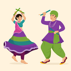 Happy Navratri Indian Festival celebration Character design, Couple illustration dancing with dandiya.