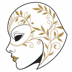 Elegant profile of a woman wearing a venetian mask adorned with gold floral vine and leaves