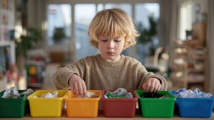 A young child sorts waste into colorful recycling bins, promoting environmental awareness and responsible waste management at home.