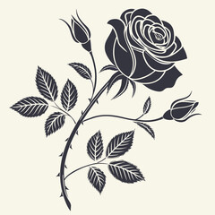 Elegant silhouette of a blooming rose with buds and leaves on a cream background