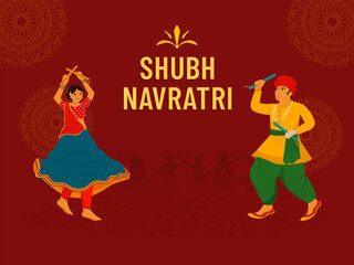 Happy Navratri Indian Festival celebration Character design, Couple illustration dancing with dandiya. Banner Poster or flyer design