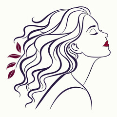 Elegant woman with flowing hair and red lips in profile stylized line art with decorative leaves