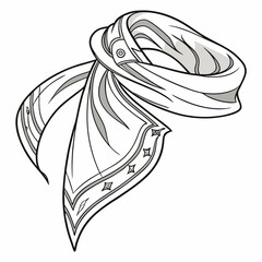Stylized black and white illustration of a fashionably tied scarf with decorative patterns and flowing ends