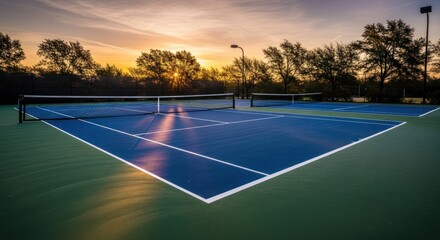 Scenic view of an empty outdoor tennis court with a blue surface illuminated by the golden glow of a beautiful sunrise