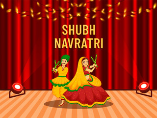 Happy Navratri Indian Festival celebration Banner Poster or flyer design, Character design, Couple vector  illustration dancing with dandiya.